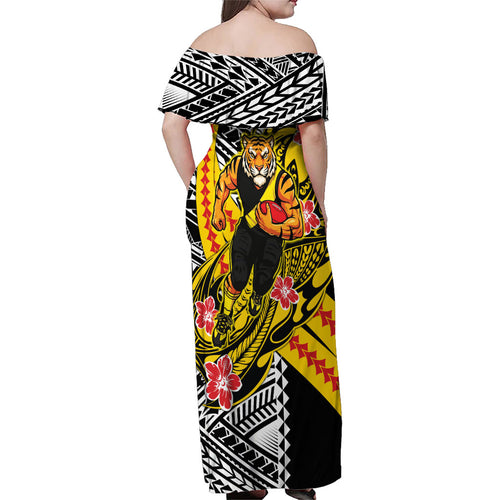Personalized Richmond Tigers Family Matching Off Shoulder Maxi Dress and Hawaiian Shirt Polynesian Tribal Tiger Mascot With Hibiscus Floral Art