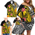 Personalized Richmond Tigers Family Matching Off Shoulder Short Dress and Hawaiian Shirt Polynesian Tribal Tiger Mascot With Hibiscus Floral Art