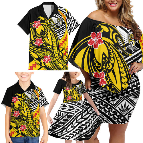 Personalized Richmond Tigers Family Matching Off Shoulder Short Dress and Hawaiian Shirt Polynesian Tribal Tiger Mascot With Hibiscus Floral Art