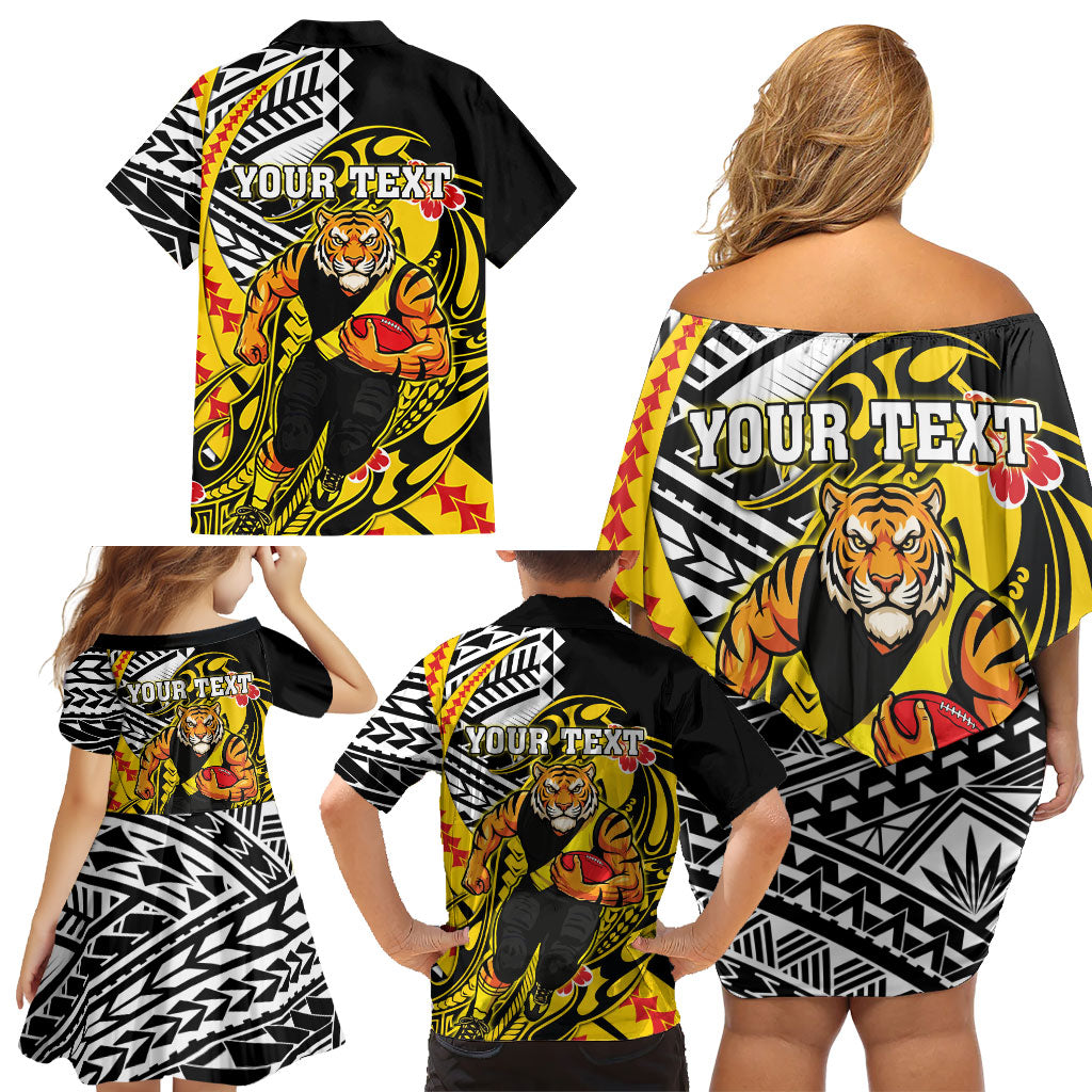 Personalized Richmond Tigers Family Matching Off Shoulder Short Dress and Hawaiian Shirt Polynesian Tribal Tiger Mascot With Hibiscus Floral Art
