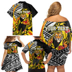 Personalized Richmond Tigers Family Matching Off Shoulder Short Dress and Hawaiian Shirt Polynesian Tribal Tiger Mascot With Hibiscus Floral Art