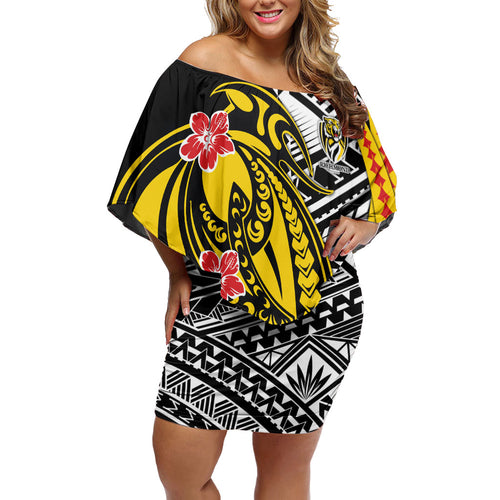 Personalized Richmond Tigers Family Matching Off Shoulder Short Dress and Hawaiian Shirt Polynesian Tribal Tiger Mascot With Hibiscus Floral Art