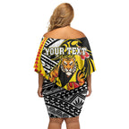 Personalized Richmond Tigers Family Matching Off Shoulder Short Dress and Hawaiian Shirt Polynesian Tribal Tiger Mascot With Hibiscus Floral Art