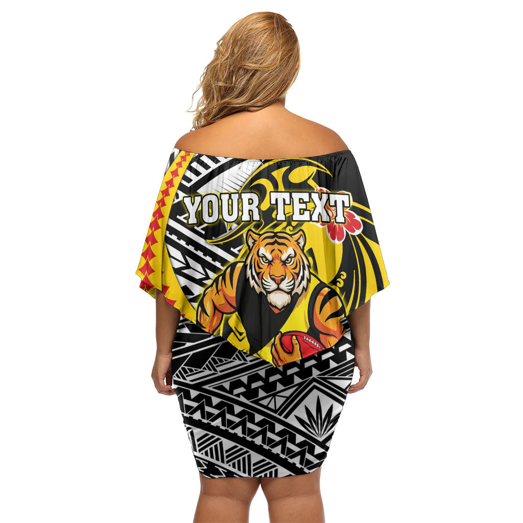 Personalized Richmond Tigers Family Matching Off Shoulder Short Dress and Hawaiian Shirt Polynesian Tribal Tiger Mascot With Hibiscus Floral Art