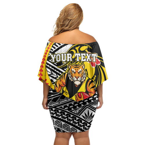 Personalized Richmond Tigers Family Matching Off Shoulder Short Dress and Hawaiian Shirt Polynesian Tribal Tiger Mascot With Hibiscus Floral Art