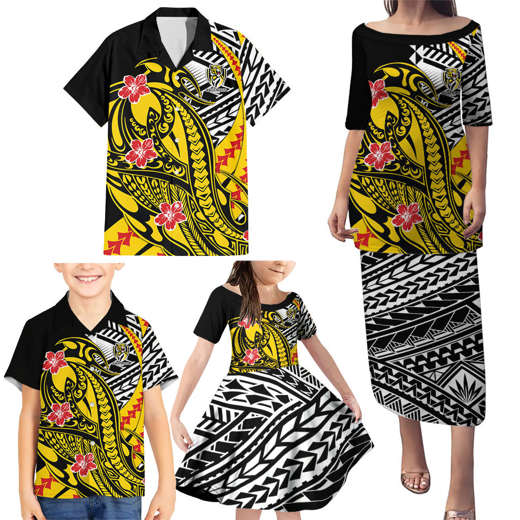 Personalized Richmond Tigers Family Matching Puletasi and Hawaiian Shirt Polynesian Tribal Tiger Mascot With Hibiscus Floral Art