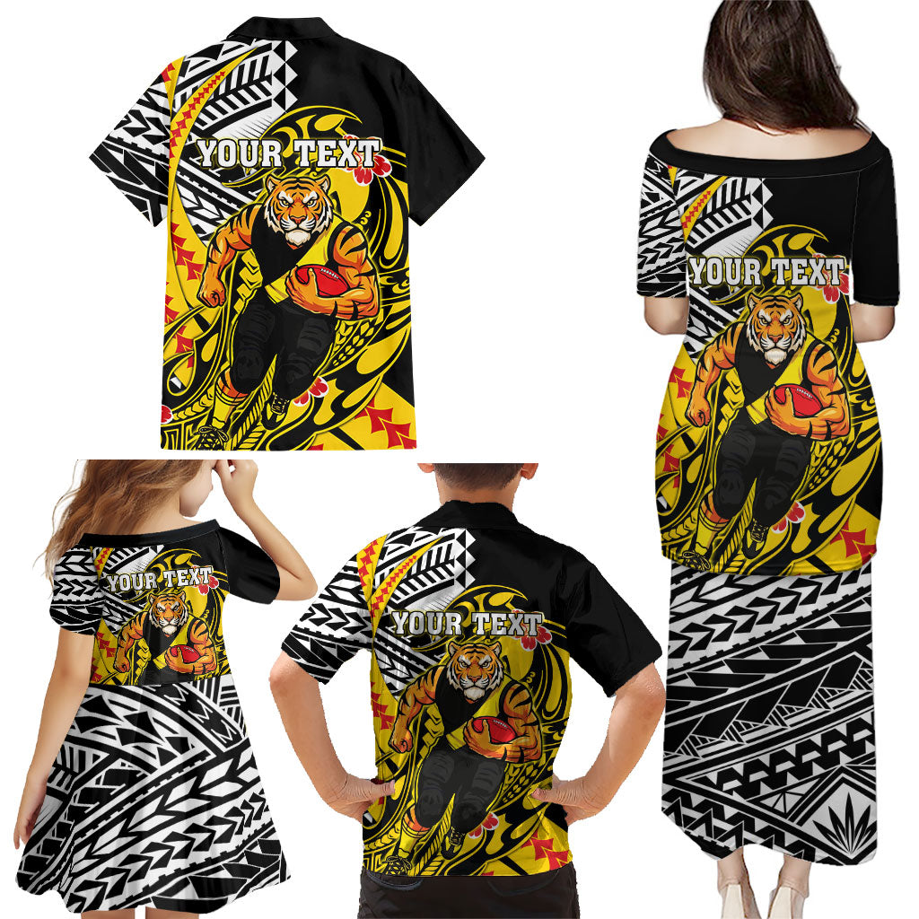 Personalized Richmond Tigers Family Matching Puletasi and Hawaiian Shirt Polynesian Tribal Tiger Mascot With Hibiscus Floral Art