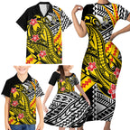 Personalized Richmond Tigers Family Matching Short Sleeve Bodycon Dress and Hawaiian Shirt Polynesian Tribal Tiger Mascot With Hibiscus Floral Art