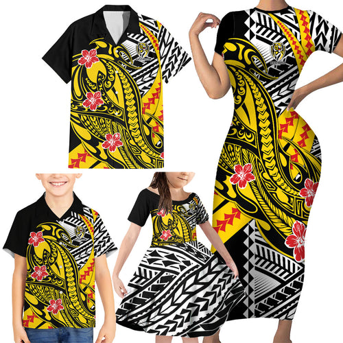 Personalized Richmond Tigers Family Matching Short Sleeve Bodycon Dress and Hawaiian Shirt Polynesian Tribal Tiger Mascot With Hibiscus Floral Art