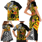 Personalized Richmond Tigers Family Matching Short Sleeve Bodycon Dress and Hawaiian Shirt Polynesian Tribal Tiger Mascot With Hibiscus Floral Art