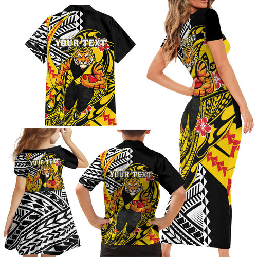 Personalized Richmond Tigers Family Matching Short Sleeve Bodycon Dress and Hawaiian Shirt Polynesian Tribal Tiger Mascot With Hibiscus Floral Art