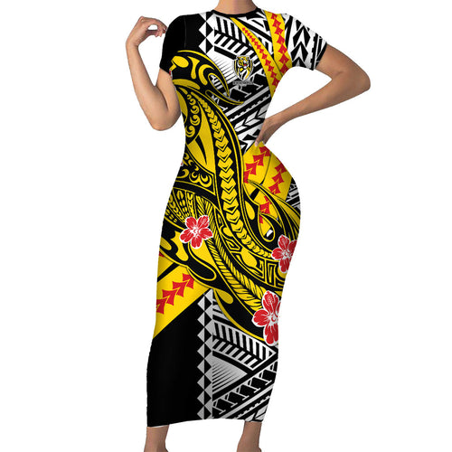 Personalized Richmond Tigers Family Matching Short Sleeve Bodycon Dress and Hawaiian Shirt Polynesian Tribal Tiger Mascot With Hibiscus Floral Art