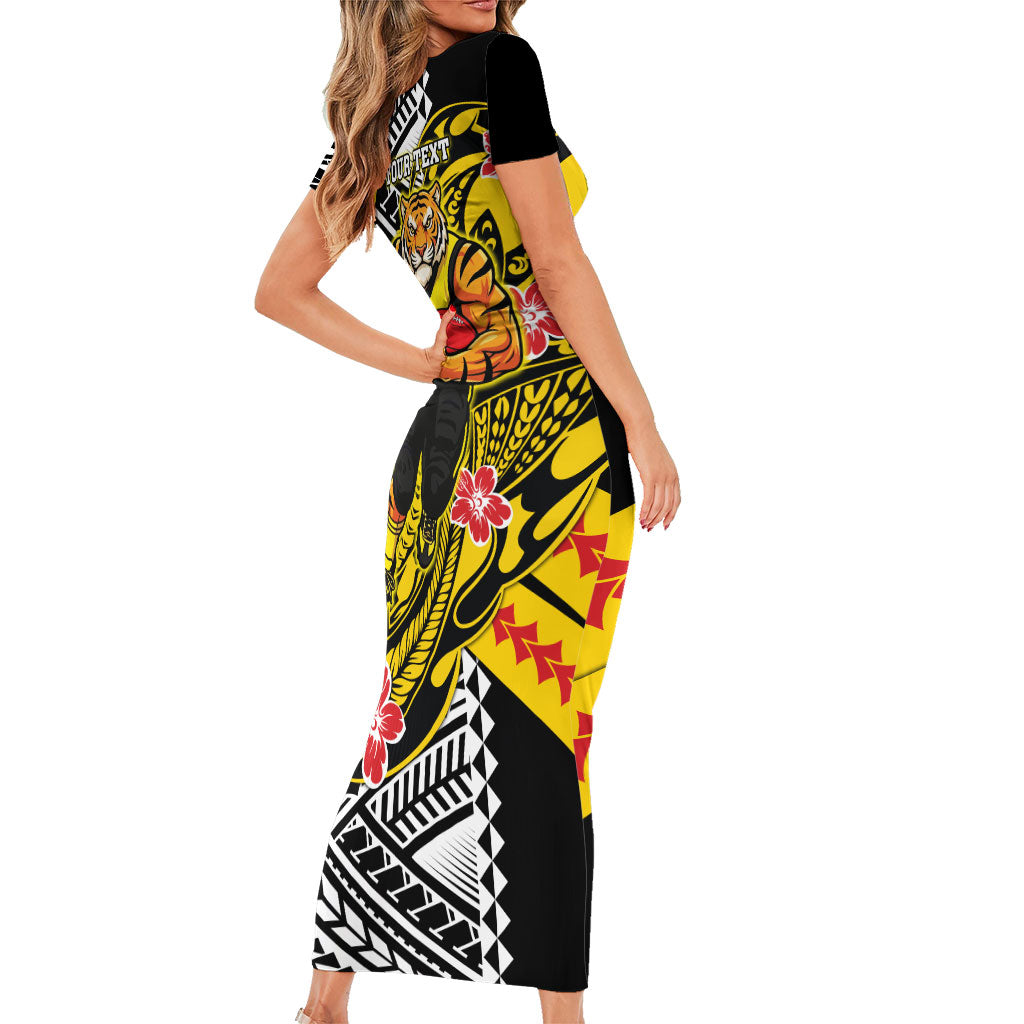 Personalized Richmond Tigers Family Matching Short Sleeve Bodycon Dress and Hawaiian Shirt Polynesian Tribal Tiger Mascot With Hibiscus Floral Art