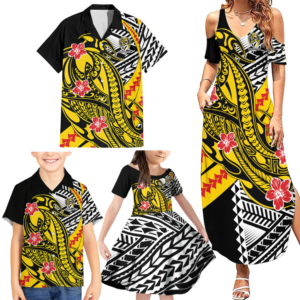 Personalized Richmond Tigers Family Matching Summer Maxi Dress and Hawaiian Shirt Polynesian Tribal Tiger Mascot With Hibiscus Floral Art
