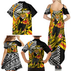 Personalized Richmond Tigers Family Matching Summer Maxi Dress and Hawaiian Shirt Polynesian Tribal Tiger Mascot With Hibiscus Floral Art