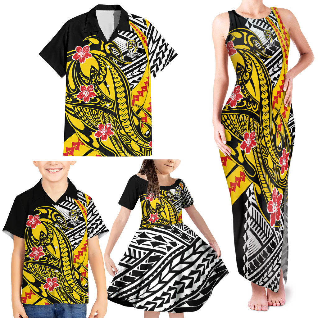 Personalized Richmond Tigers Family Matching Tank Maxi Dress and Hawaiian Shirt Polynesian Tribal Tiger Mascot With Hibiscus Floral Art