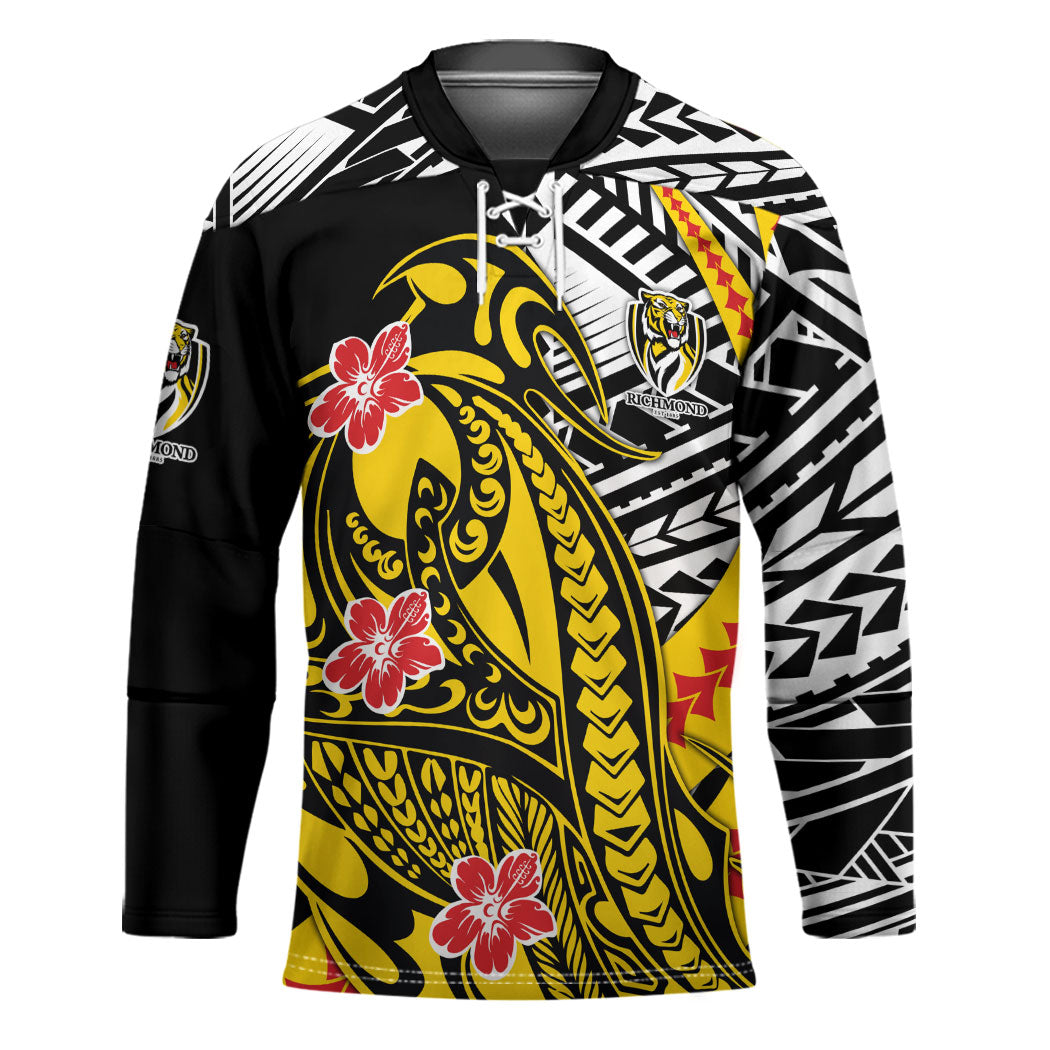 Personalized Richmond Tigers Hockey Jersey Polynesian Tribal Tiger Mascot With Hibiscus Floral Art