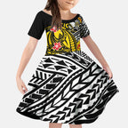 Personalized Richmond Tigers Kid Short Sleeve Dress Polynesian Tribal Tiger Mascot With Hibiscus Floral Art