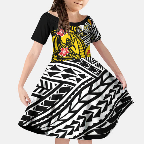 Personalized Richmond Tigers Kid Short Sleeve Dress Polynesian Tribal Tiger Mascot With Hibiscus Floral Art