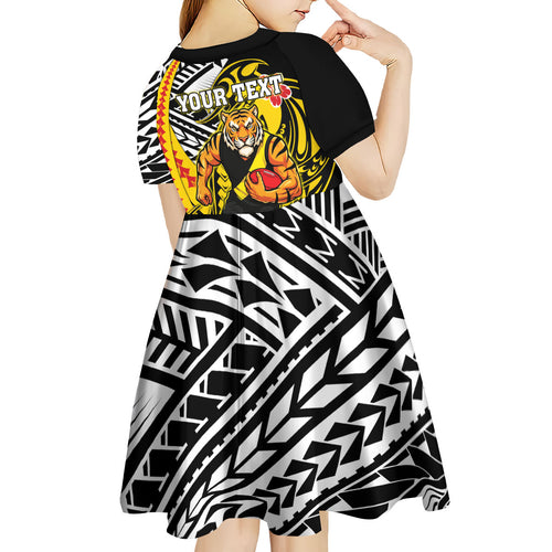 Personalized Richmond Tigers Kid Short Sleeve Dress Polynesian Tribal Tiger Mascot With Hibiscus Floral Art