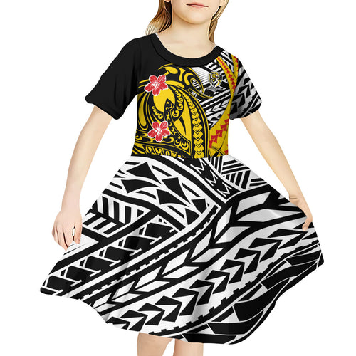 Personalized Richmond Tigers Kid Short Sleeve Dress Polynesian Tribal Tiger Mascot With Hibiscus Floral Art