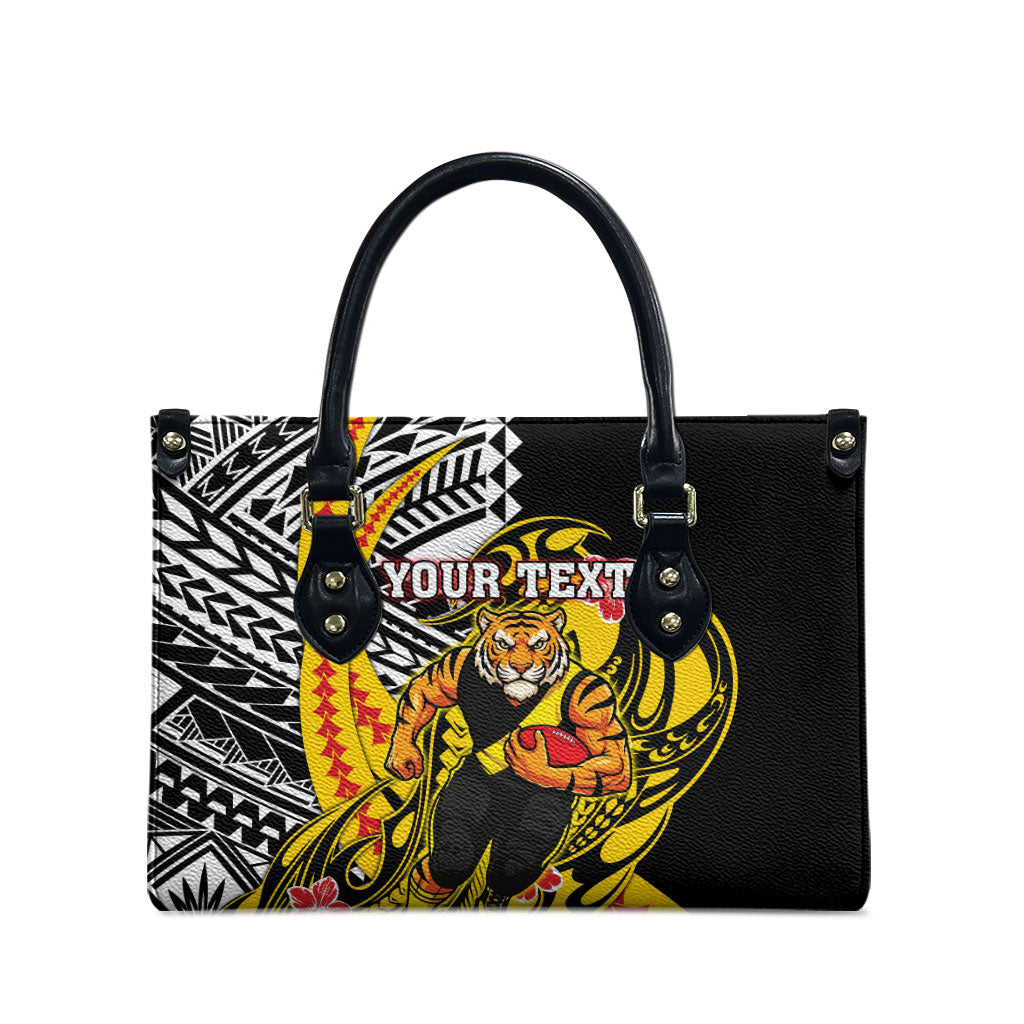 Personalized Richmond Tigers Leather Bag Polynesian Tribal Tiger Mascot With Hibiscus Floral Art
