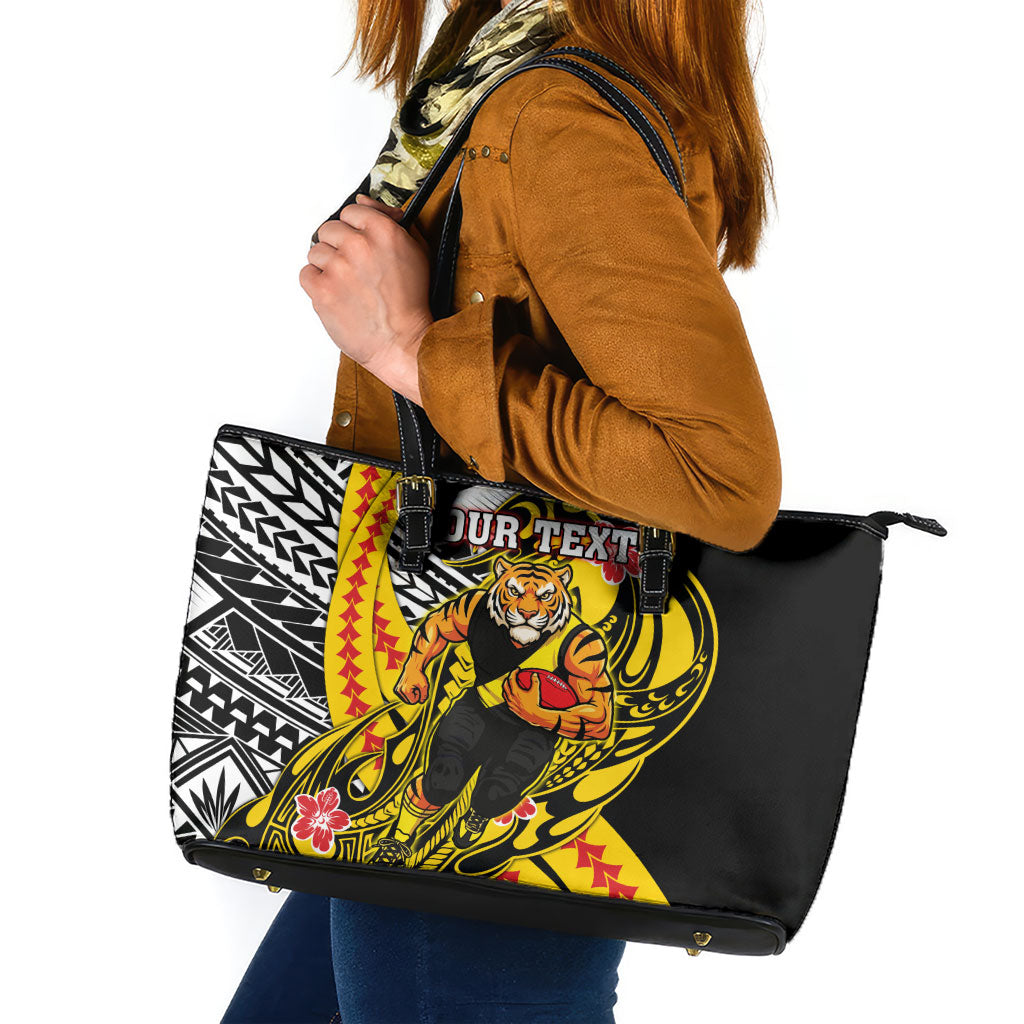 Personalized Richmond Tigers Leather Tote Bag Polynesian Tribal Tiger Mascot With Hibiscus Floral Art