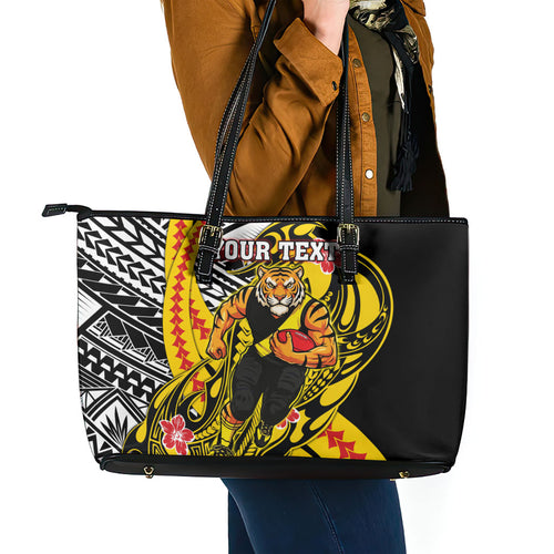 Personalized Richmond Tigers Leather Tote Bag Polynesian Tribal Tiger Mascot With Hibiscus Floral Art