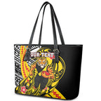Personalized Richmond Tigers Leather Tote Bag Polynesian Tribal Tiger Mascot With Hibiscus Floral Art