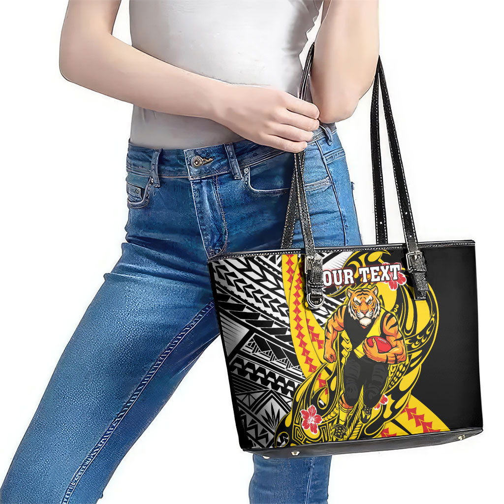 Personalized Richmond Tigers Leather Tote Bag Polynesian Tribal Tiger Mascot With Hibiscus Floral Art
