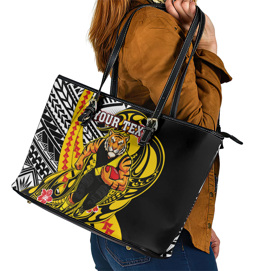 Personalized Richmond Tigers Leather Tote Bag Polynesian Tribal Tiger Mascot With Hibiscus Floral Art