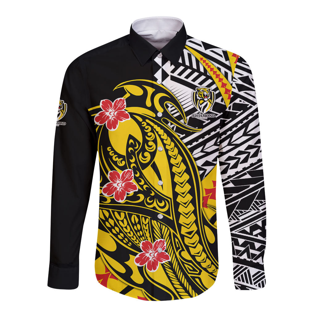 Personalized Richmond Tigers Long Sleeve Button Shirt Polynesian Tribal Tiger Mascot With Hibiscus Floral Art