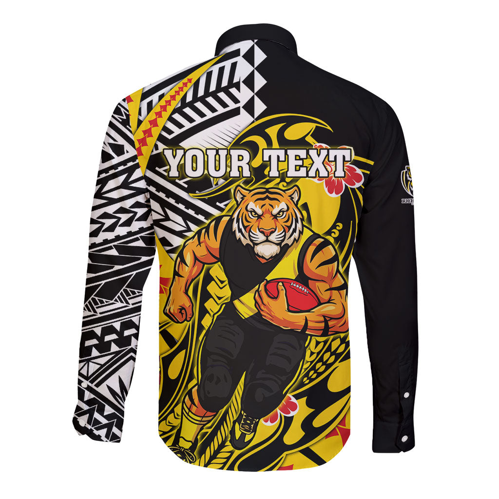 Personalized Richmond Tigers Long Sleeve Button Shirt Polynesian Tribal Tiger Mascot With Hibiscus Floral Art