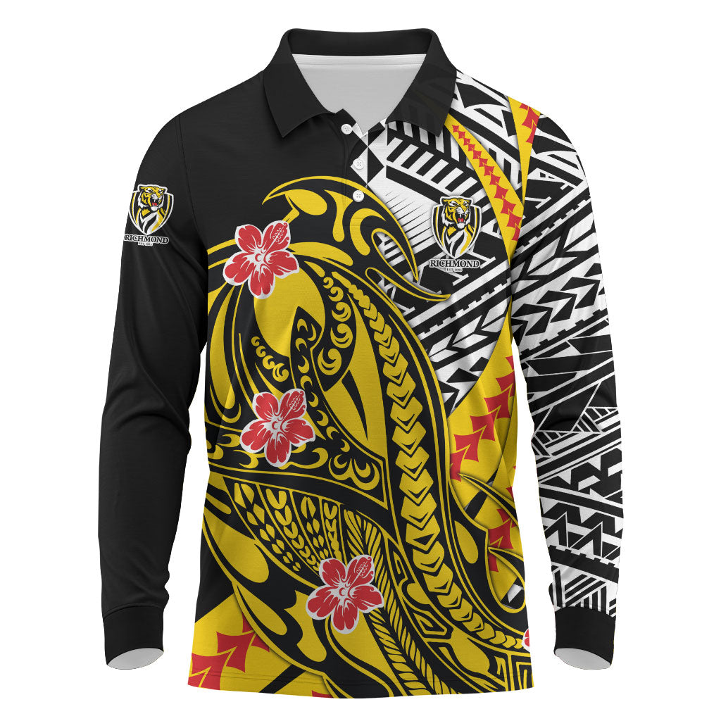 Personalized Richmond Tigers Long Sleeve Polo Shirt Polynesian Tribal Tiger Mascot With Hibiscus Floral Art