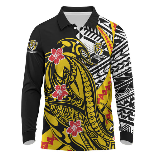 Personalized Richmond Tigers Long Sleeve Polo Shirt Polynesian Tribal Tiger Mascot With Hibiscus Floral Art