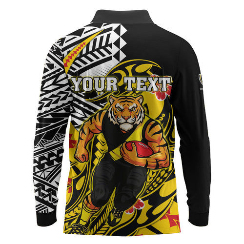 Personalized Richmond Tigers Long Sleeve Polo Shirt Polynesian Tribal Tiger Mascot With Hibiscus Floral Art