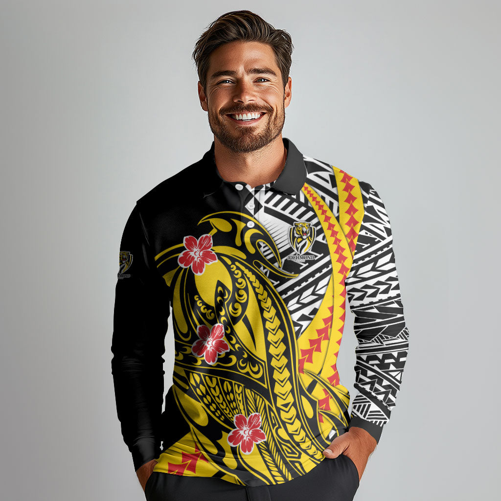 Personalized Richmond Tigers Long Sleeve Polo Shirt Polynesian Tribal Tiger Mascot With Hibiscus Floral Art