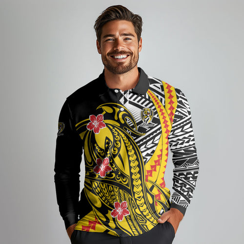 Personalized Richmond Tigers Long Sleeve Polo Shirt Polynesian Tribal Tiger Mascot With Hibiscus Floral Art