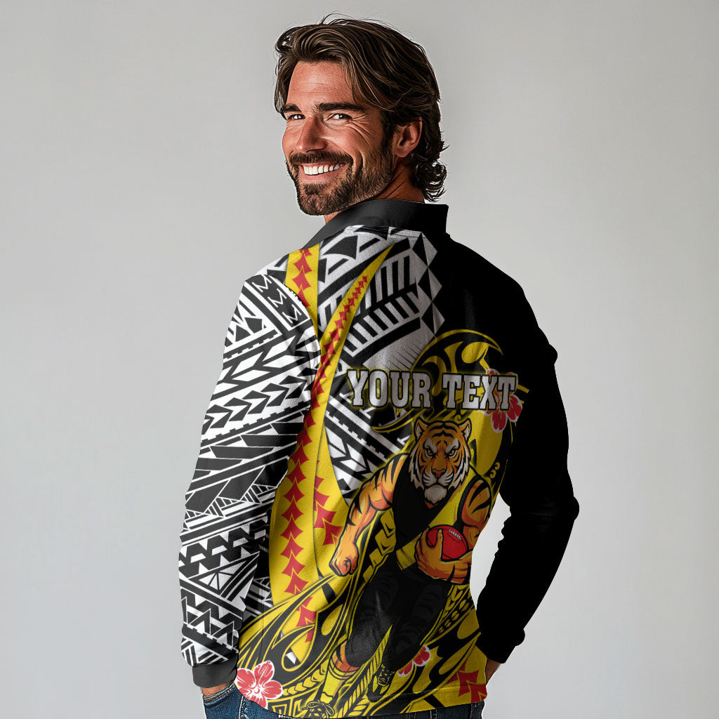 Personalized Richmond Tigers Long Sleeve Polo Shirt Polynesian Tribal Tiger Mascot With Hibiscus Floral Art