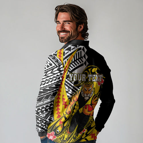 Personalized Richmond Tigers Long Sleeve Polo Shirt Polynesian Tribal Tiger Mascot With Hibiscus Floral Art