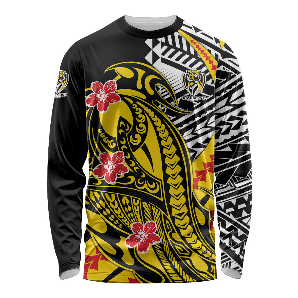 Personalized Richmond Tigers Long Sleeve Shirt Polynesian Tribal Tiger Mascot With Hibiscus Floral Art