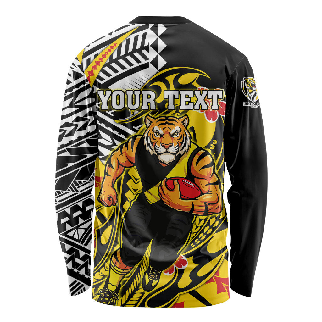 Personalized Richmond Tigers Long Sleeve Shirt Polynesian Tribal Tiger Mascot With Hibiscus Floral Art
