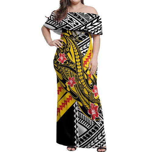 Personalized Richmond Tigers Off Shoulder Maxi Dress Polynesian Tribal Tiger Mascot With Hibiscus Floral Art