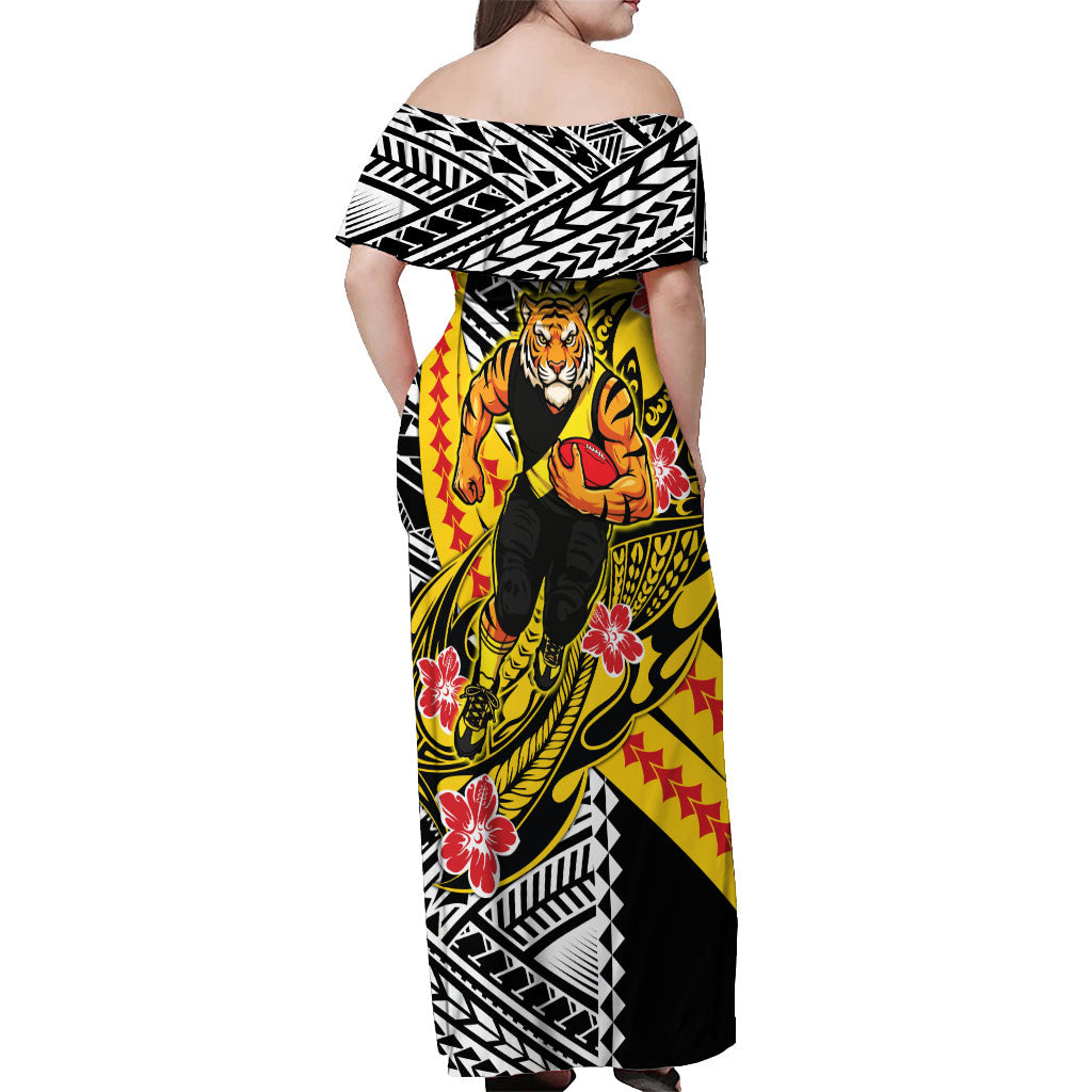 Personalized Richmond Tigers Off Shoulder Maxi Dress Polynesian Tribal Tiger Mascot With Hibiscus Floral Art