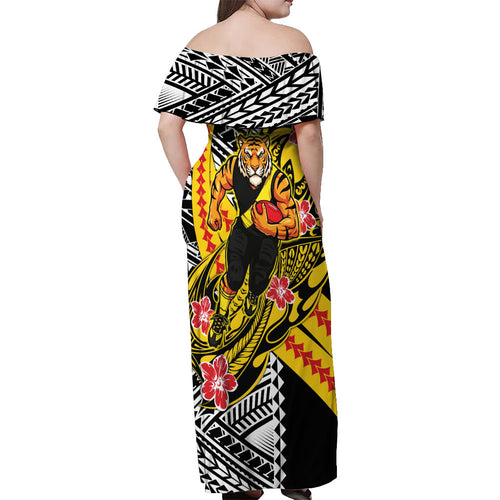 Personalized Richmond Tigers Off Shoulder Maxi Dress Polynesian Tribal Tiger Mascot With Hibiscus Floral Art