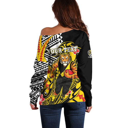 Personalized Richmond Tigers Off Shoulder Sweater Polynesian Tribal Tiger Mascot With Hibiscus Floral Art