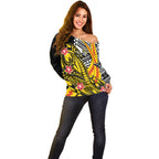Personalized Richmond Tigers Off Shoulder Sweater Polynesian Tribal Tiger Mascot With Hibiscus Floral Art