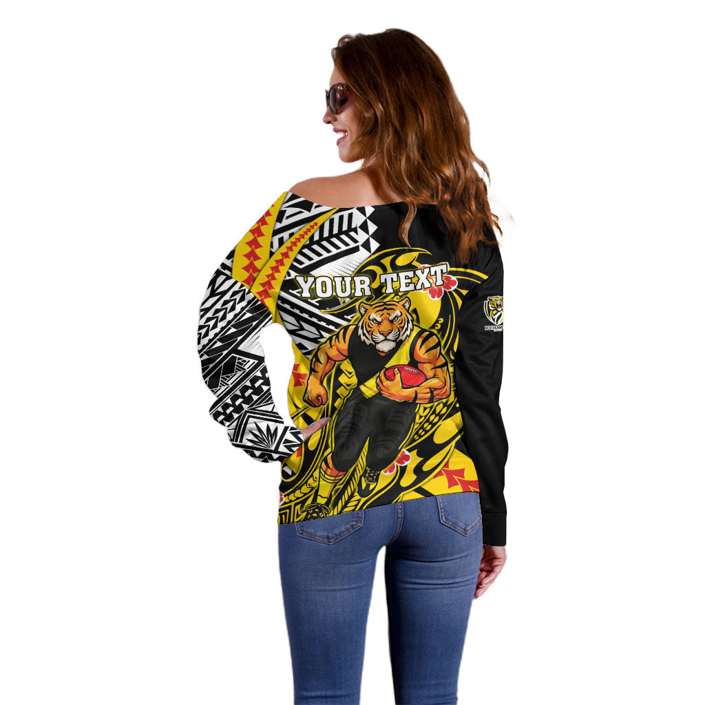 Personalized Richmond Tigers Off Shoulder Sweater Polynesian Tribal Tiger Mascot With Hibiscus Floral Art