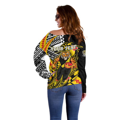 Personalized Richmond Tigers Off Shoulder Sweater Polynesian Tribal Tiger Mascot With Hibiscus Floral Art