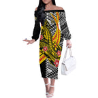 Personalized Richmond Tigers Off The Shoulder Long Sleeve Dress Polynesian Tribal Tiger Mascot With Hibiscus Floral Art